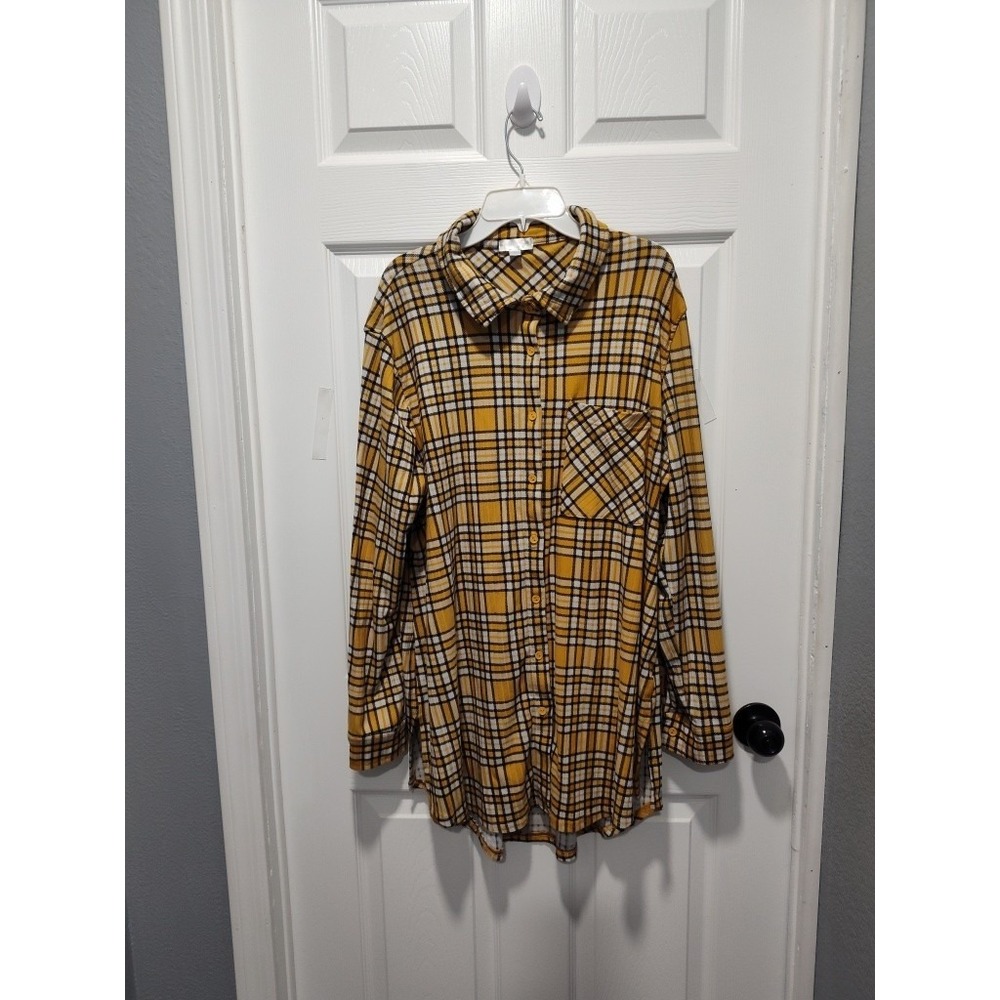 Orange Kiss Shirt 1X Womens Flannel Yellow Plaid Pocket Embroidery Boho Stretchy